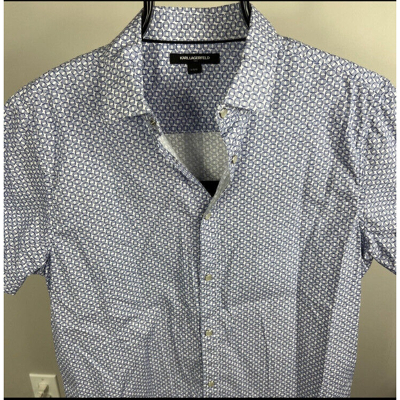 Karl Lagerfeld Button Down Shirt Size L Pearl Snap Blue White Geometric - Picture 2 of 10